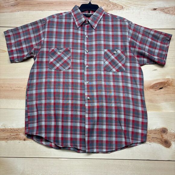VINTAGE OshKosh Bgosh Shirt Large Gray Red Short Sleeve Button Up Work Wear - Picture 2 of 16